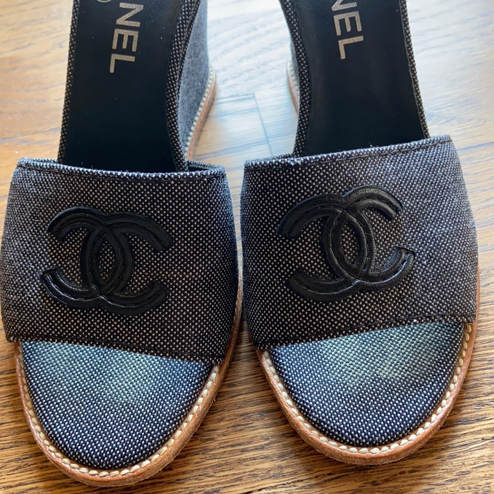 CHANEL Grey Canvas Mules